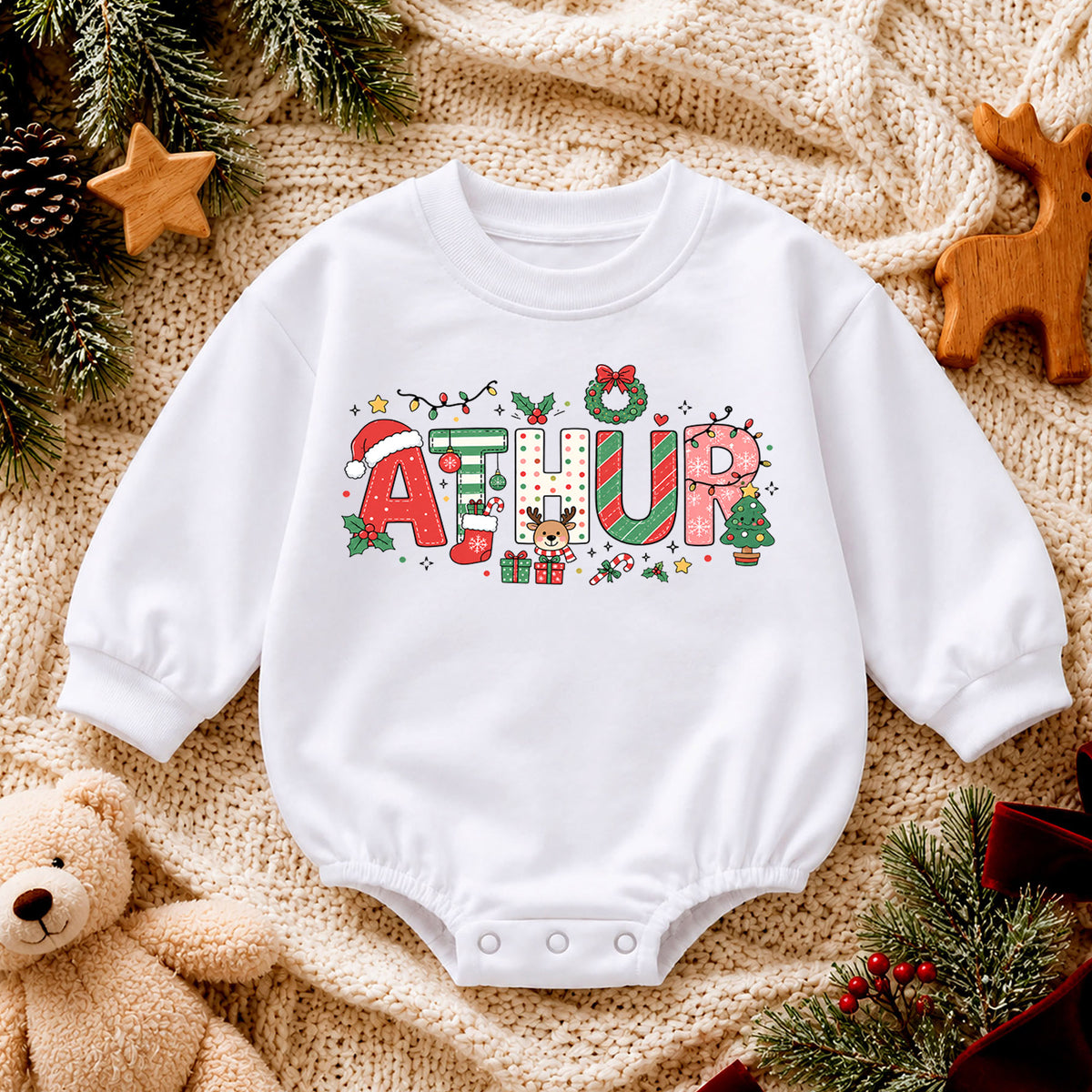 Custom Name Holiday Baby Romper, Personalized Pink Christmas Letters, My First Birthday Girl Outfit, 1st Christmas Gift for Baby — product view 4