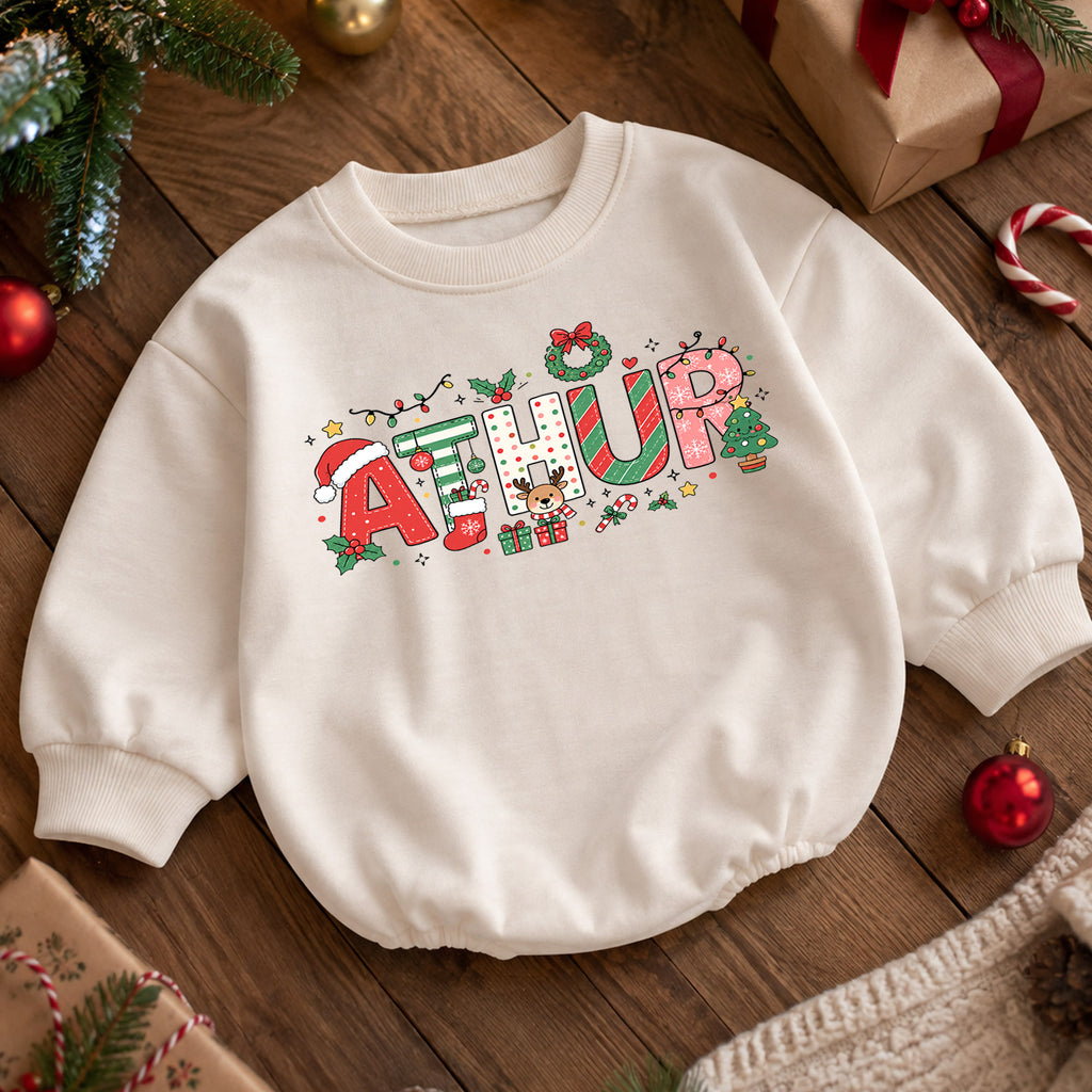 Custom Name Holiday Baby Romper, Personalized Pink Christmas Letters, My First Birthday Girl Outfit, 1st Christmas Gift for Baby — product view 5