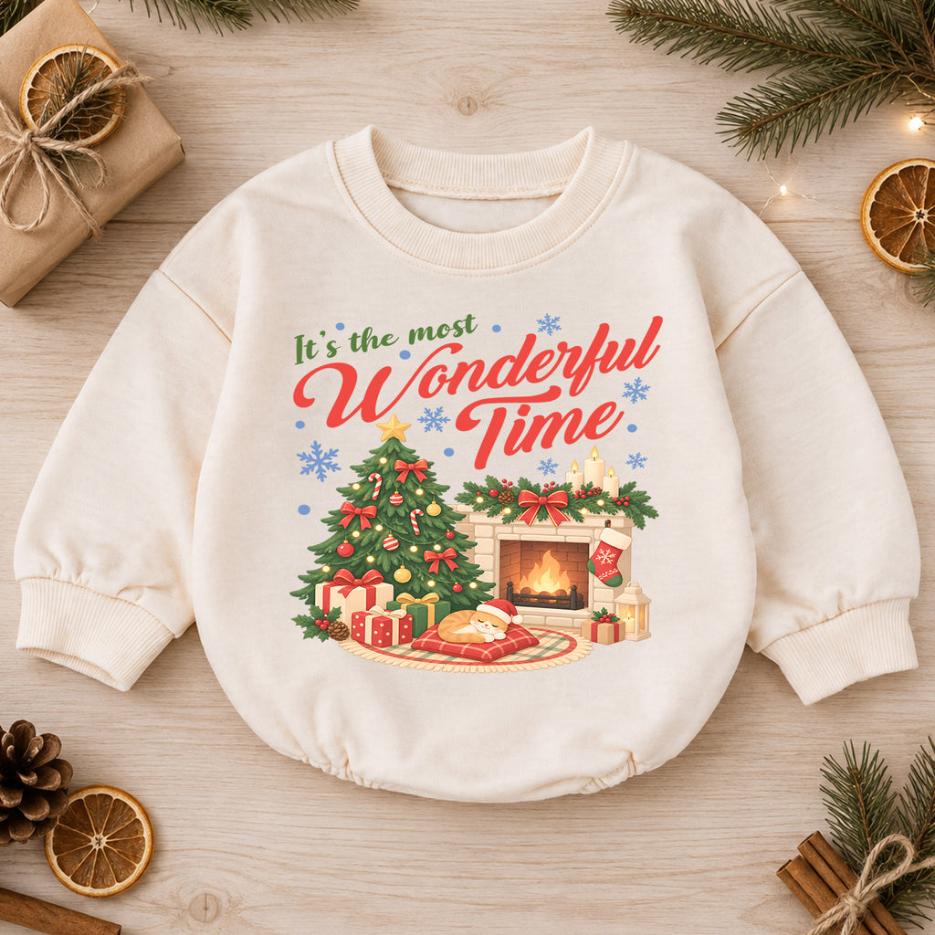 Most Wonderful Time Christmas Romper, Cozy Fireplace Holiday Romper, Baby Christmas Outfit, Toddler Xmas Romper, Holiday Gift — product view 1