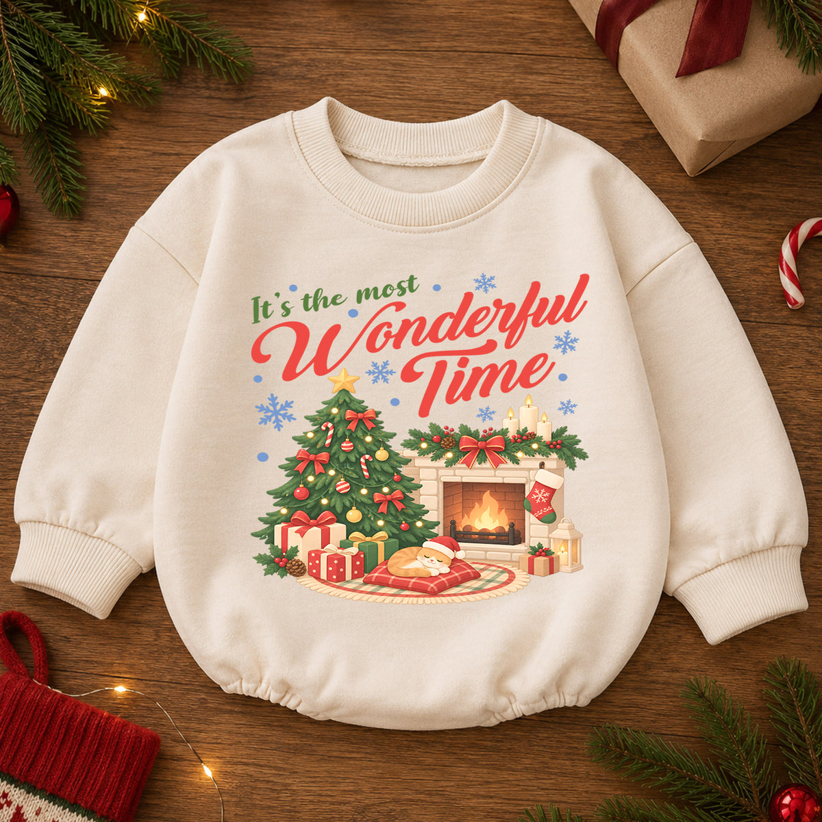 Most Wonderful Time Christmas Romper, Cozy Fireplace Holiday Romper, Baby Christmas Outfit, Toddler Xmas Romper, Holiday Gift — product view 2