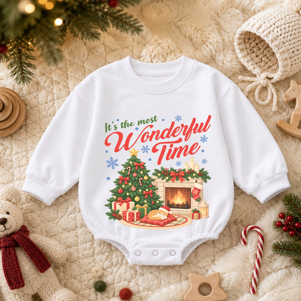 Most Wonderful Time Christmas Romper, Cozy Fireplace Holiday Romper, Baby Christmas Outfit, Toddler Xmas Romper, Holiday Gift — product view 3