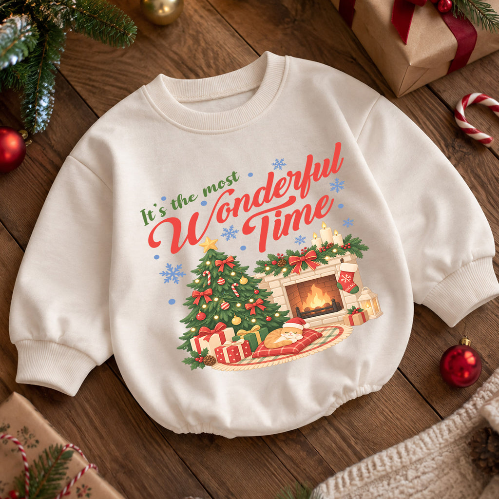 Most Wonderful Time Christmas Romper, Cozy Fireplace Holiday Romper, Baby Christmas Outfit, Toddler Xmas Romper, Holiday Gift — product view 5