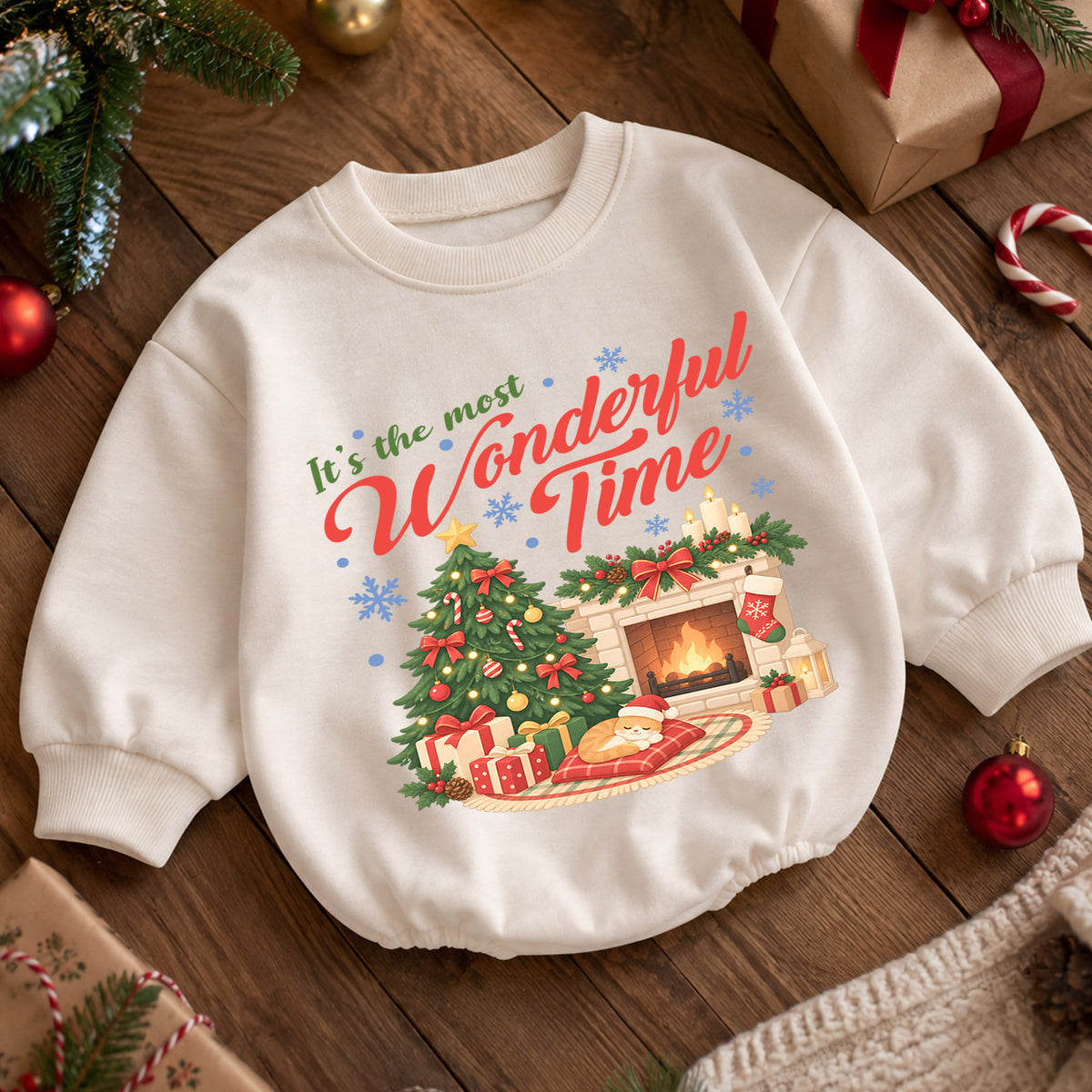 Most Wonderful Time Christmas Romper, Cozy Fireplace Holiday Romper, Baby Christmas Outfit, Toddler Xmas Romper, Holiday Gift — product view 5