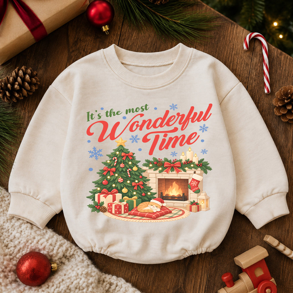 Most Wonderful Time Christmas Romper, Cozy Fireplace Holiday Romper, Baby Christmas Outfit, Toddler Xmas Romper, Holiday Gift — product view 6