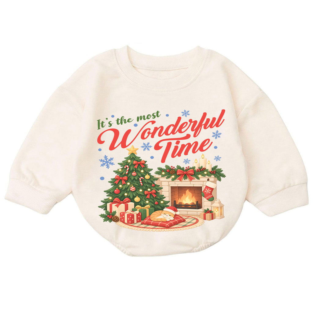 Most Wonderful Time Christmas Romper, Cozy Fireplace Holiday Romper, Baby Christmas Outfit, Toddler Xmas Romper, Holiday Gift — product view 7