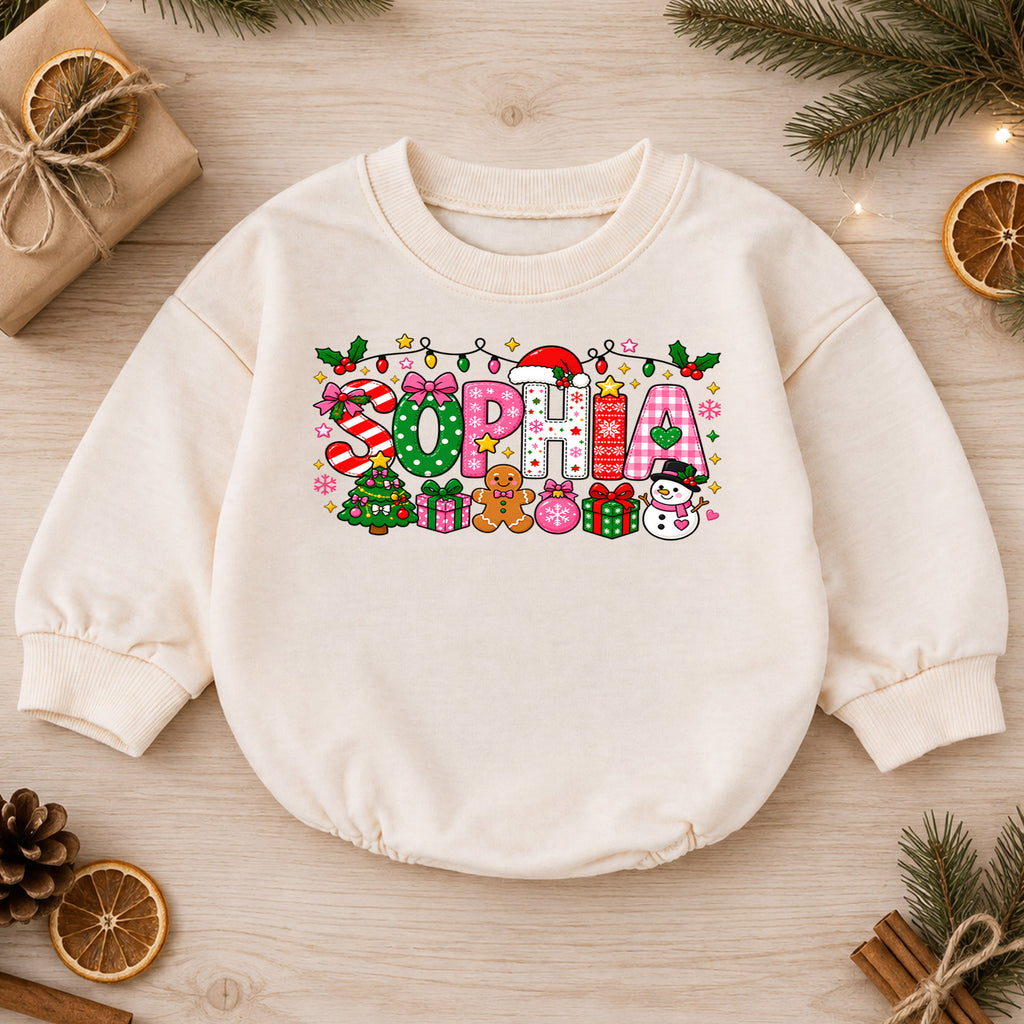 Personalized Christmas Name Baby Romper, Custom Reindeer Tree Goose Design, 1st Christmas Romper, My First Birthday Outfit — product view 1