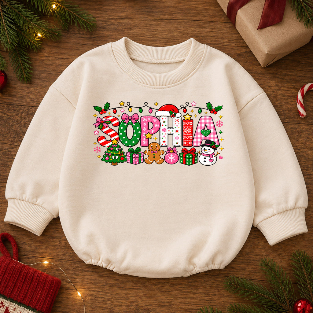 Personalized Christmas Name Baby Romper, Custom Reindeer Tree Goose Design, 1st Christmas Romper, My First Birthday Outfit — product view 2