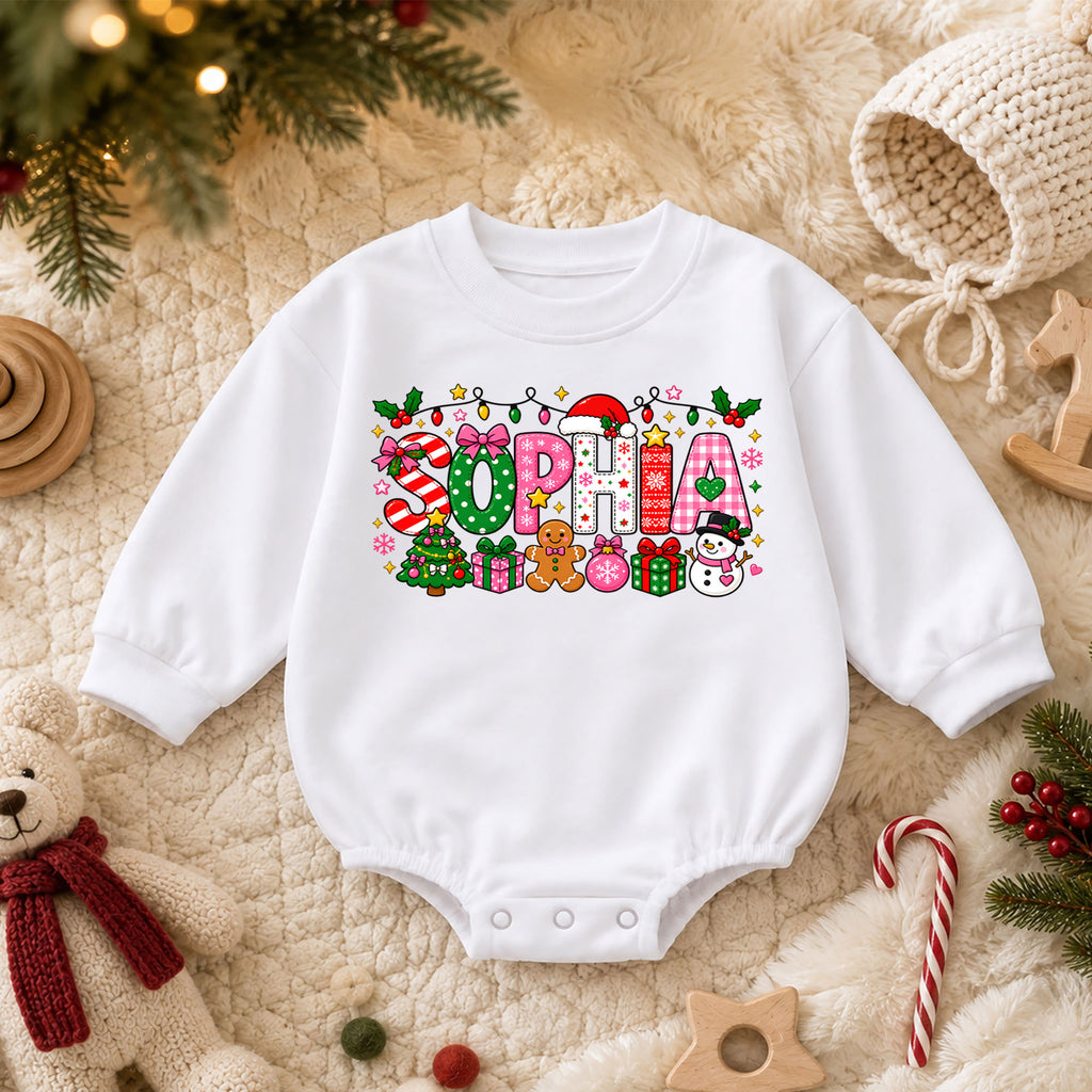 Personalized Christmas Name Baby Romper, Custom Reindeer Tree Goose Design, 1st Christmas Romper, My First Birthday Outfit — product view 3