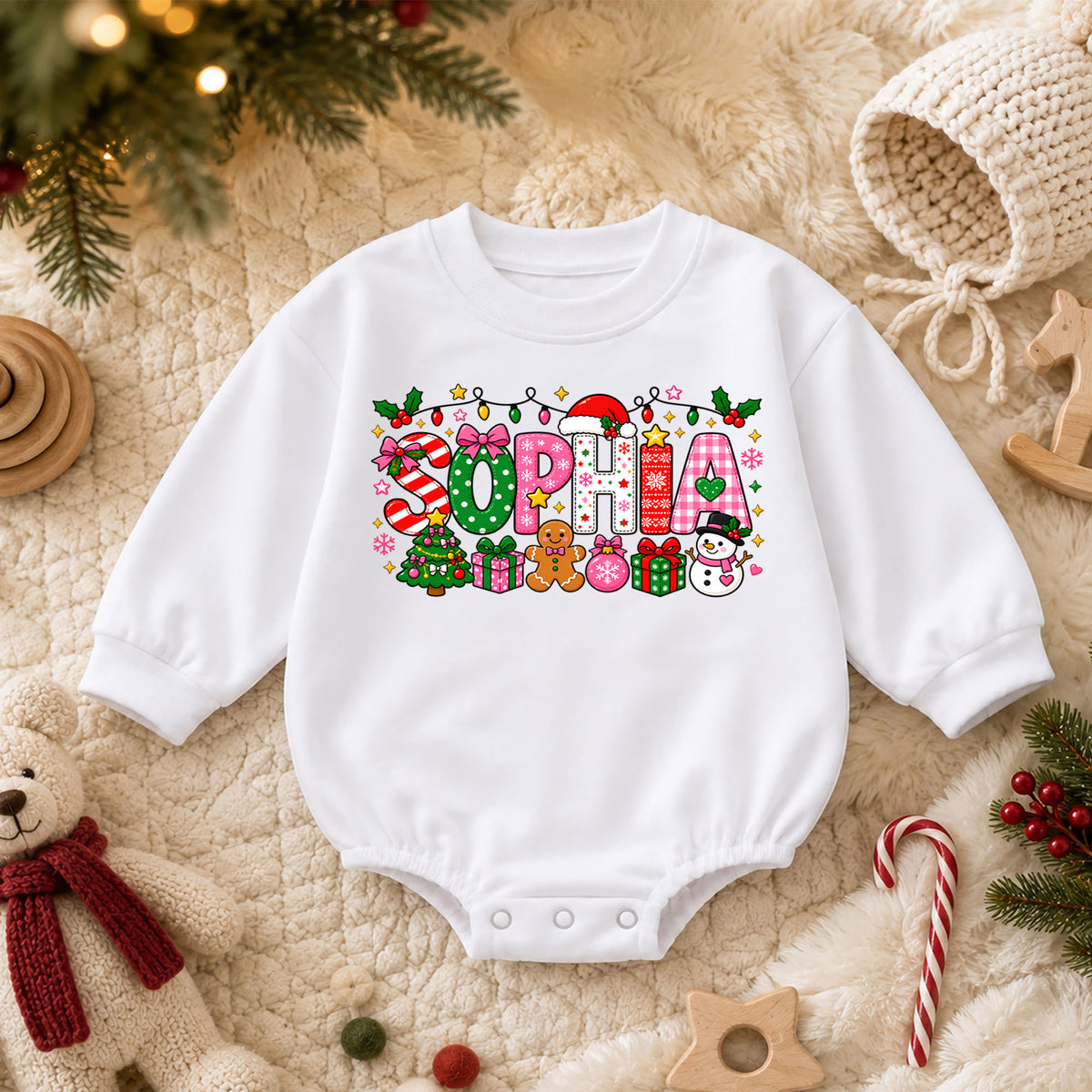 Personalized Christmas Name Baby Romper, Custom Reindeer Tree Goose Design, 1st Christmas Romper, My First Birthday Outfit — product view 3