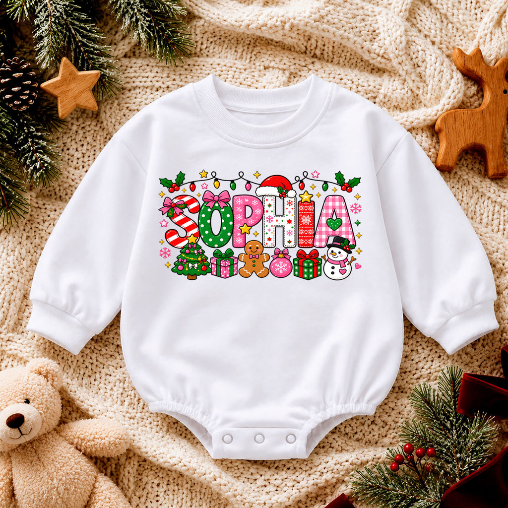 Personalized Christmas Name Baby Romper, Custom Reindeer Tree Goose Design, 1st Christmas Romper, My First Birthday Outfit — product view 4