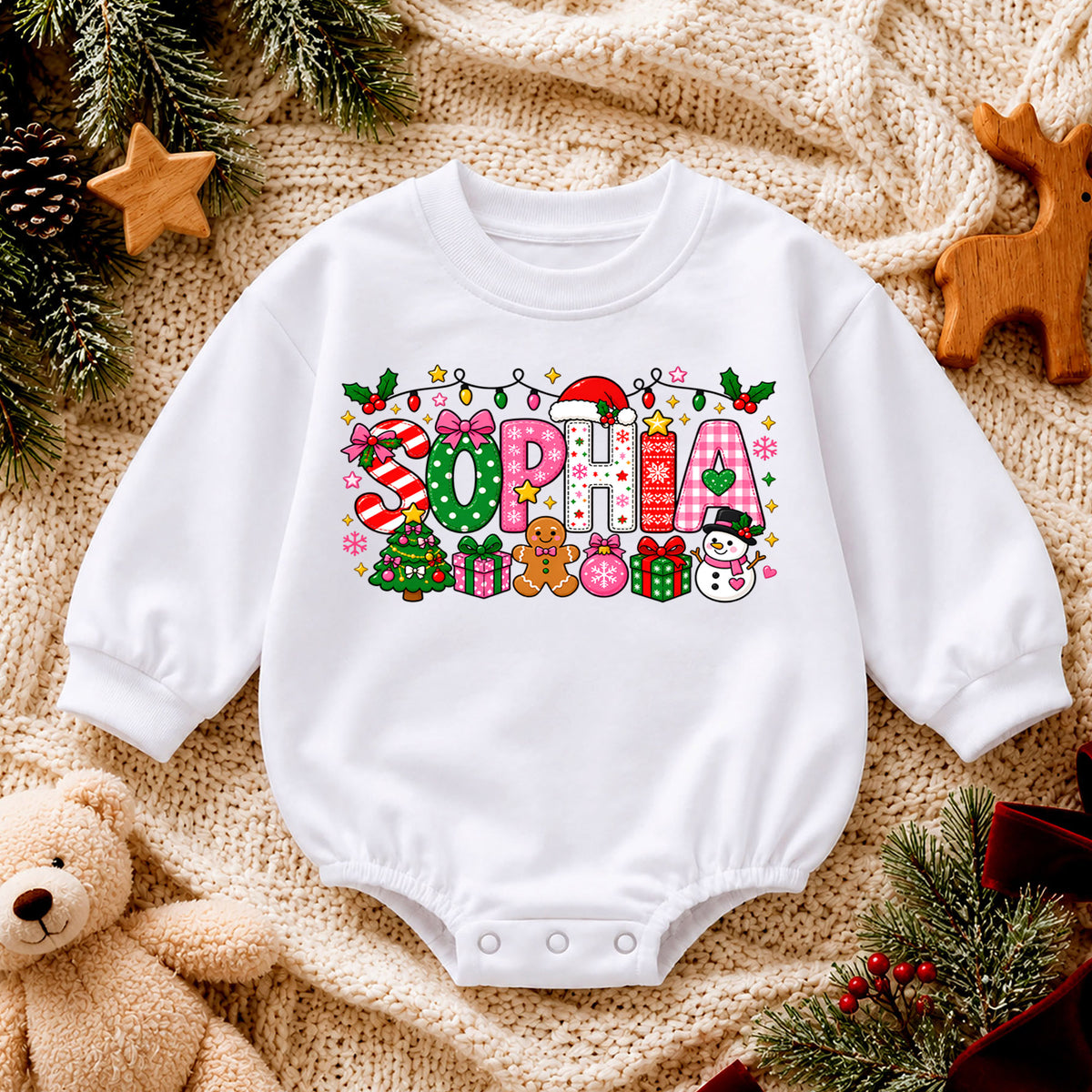 Personalized Christmas Name Baby Romper, Custom Reindeer Tree Goose Design, 1st Christmas Romper, My First Birthday Outfit — product view 4