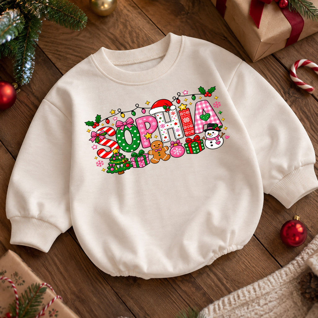 Personalized Christmas Name Baby Romper, Custom Reindeer Tree Goose Design, 1st Christmas Romper, My First Birthday Outfit — product view 5