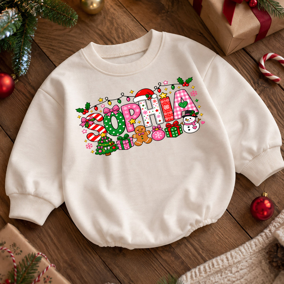 Personalized Christmas Name Baby Romper, Custom Reindeer Tree Goose Design, 1st Christmas Romper, My First Birthday Outfit — product view 5