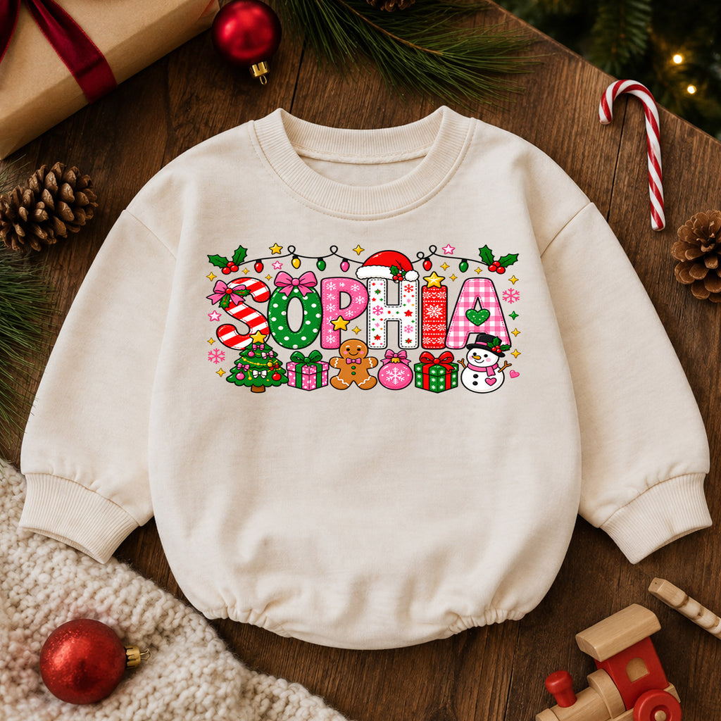 Personalized Christmas Name Baby Romper, Custom Reindeer Tree Goose Design, 1st Christmas Romper, My First Birthday Outfit — product view 6