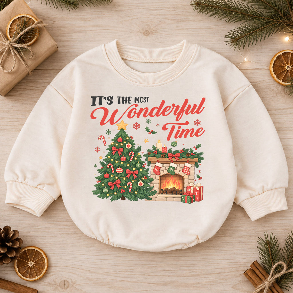 Most Wonderful Time Christmas Romper, Christmas Tree Fireplace Romper, Baby Holiday Outfit, Toddler Xmas Romper, Festive Gift — product view 1