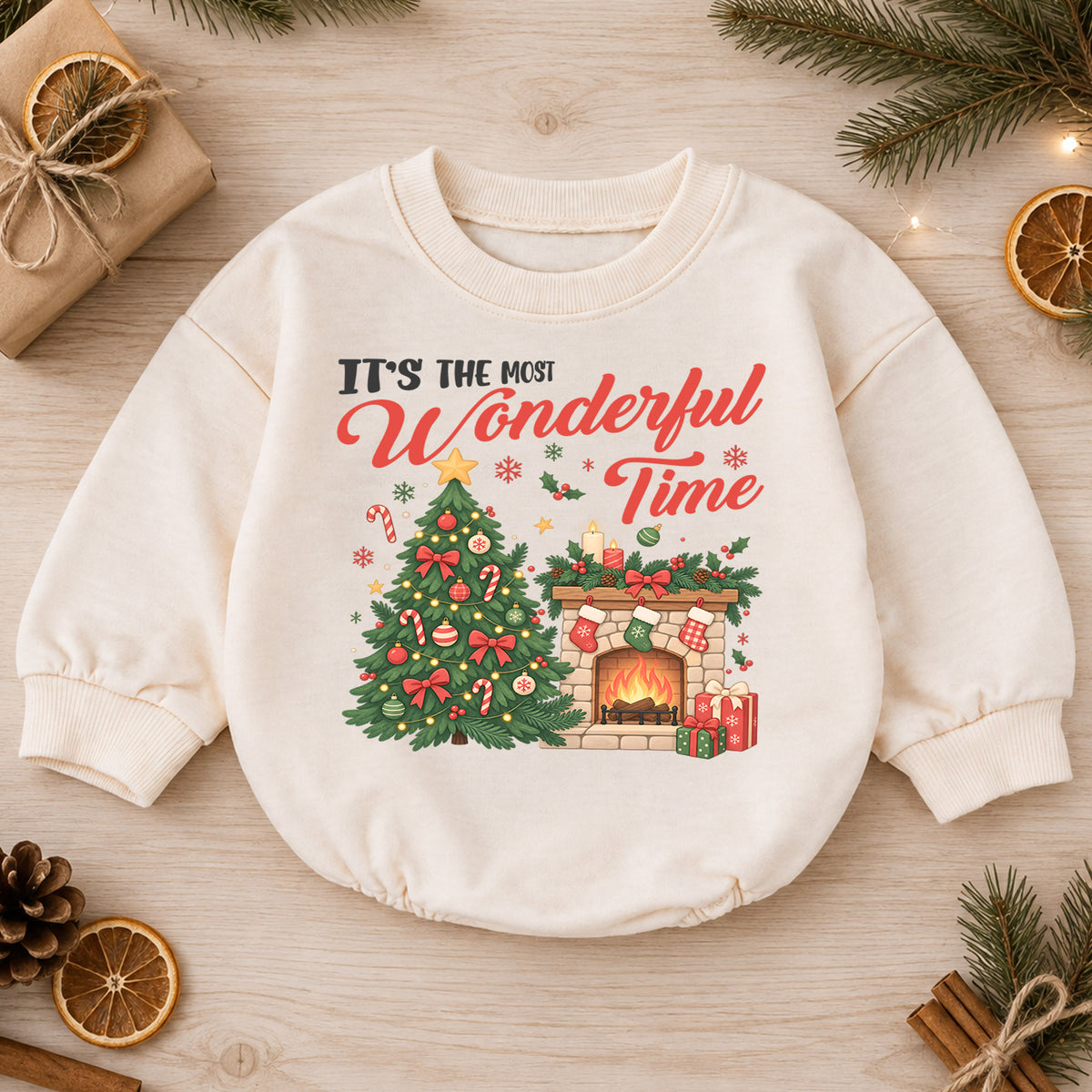 Most Wonderful Time Christmas Romper, Christmas Tree Fireplace Romper, Baby Holiday Outfit, Toddler Xmas Romper, Festive Gift — product view 1