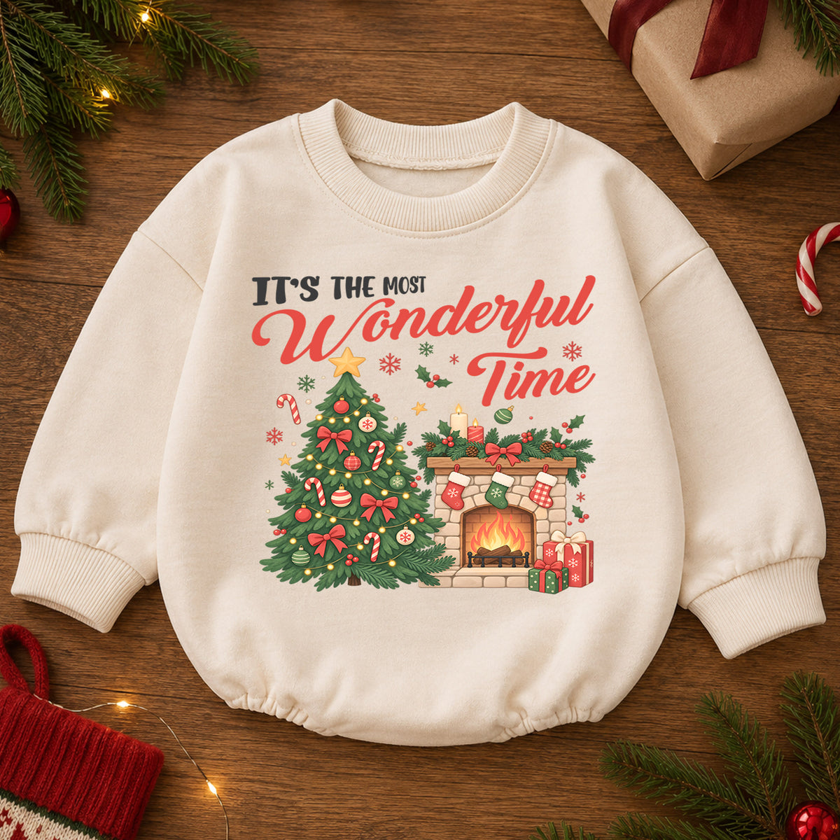 Most Wonderful Time Christmas Romper, Christmas Tree Fireplace Romper, Baby Holiday Outfit, Toddler Xmas Romper, Festive Gift — product view 2