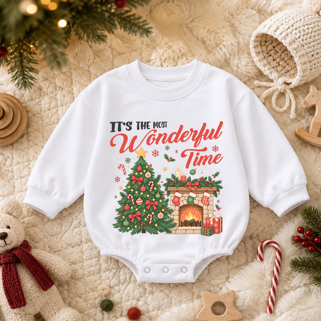 Most Wonderful Time Christmas Romper, Christmas Tree Fireplace Romper, Baby Holiday Outfit, Toddler Xmas Romper, Festive Gift — product view 3