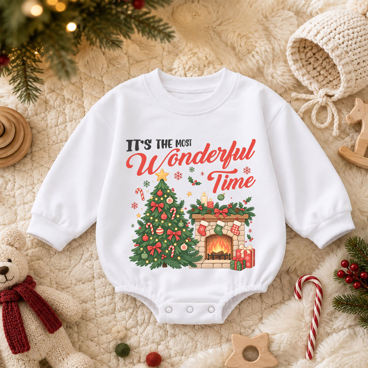 Most Wonderful Time Christmas Romper, Christmas Tree Fireplace Romper, Baby Holiday Outfit, Toddler Xmas Romper, Festive Gift — product view 3