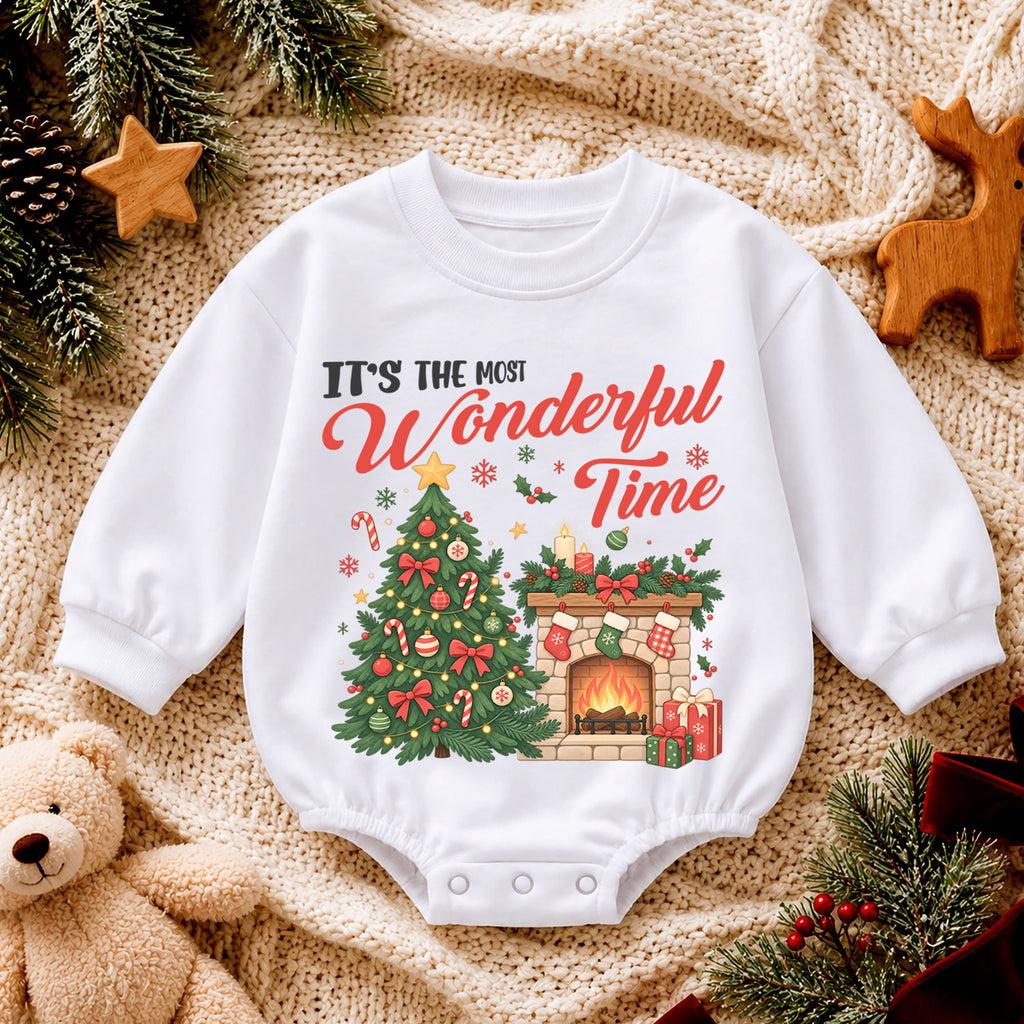 Most Wonderful Time Christmas Romper, Christmas Tree Fireplace Romper, Baby Holiday Outfit, Toddler Xmas Romper, Festive Gift — product view 4