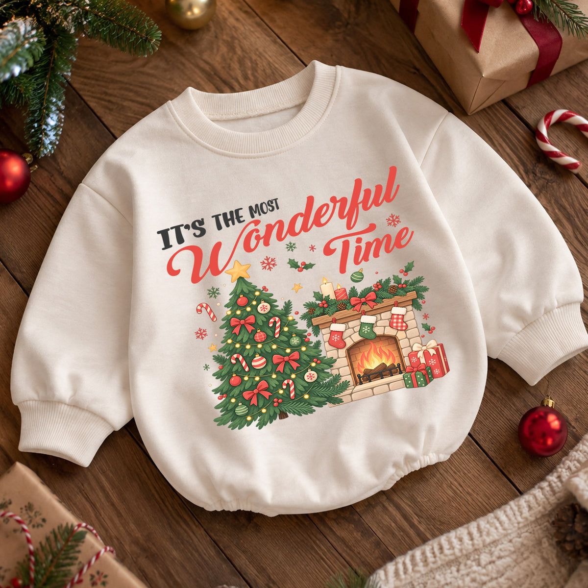 Most Wonderful Time Christmas Romper, Christmas Tree Fireplace Romper, Baby Holiday Outfit, Toddler Xmas Romper, Festive Gift — product view 5