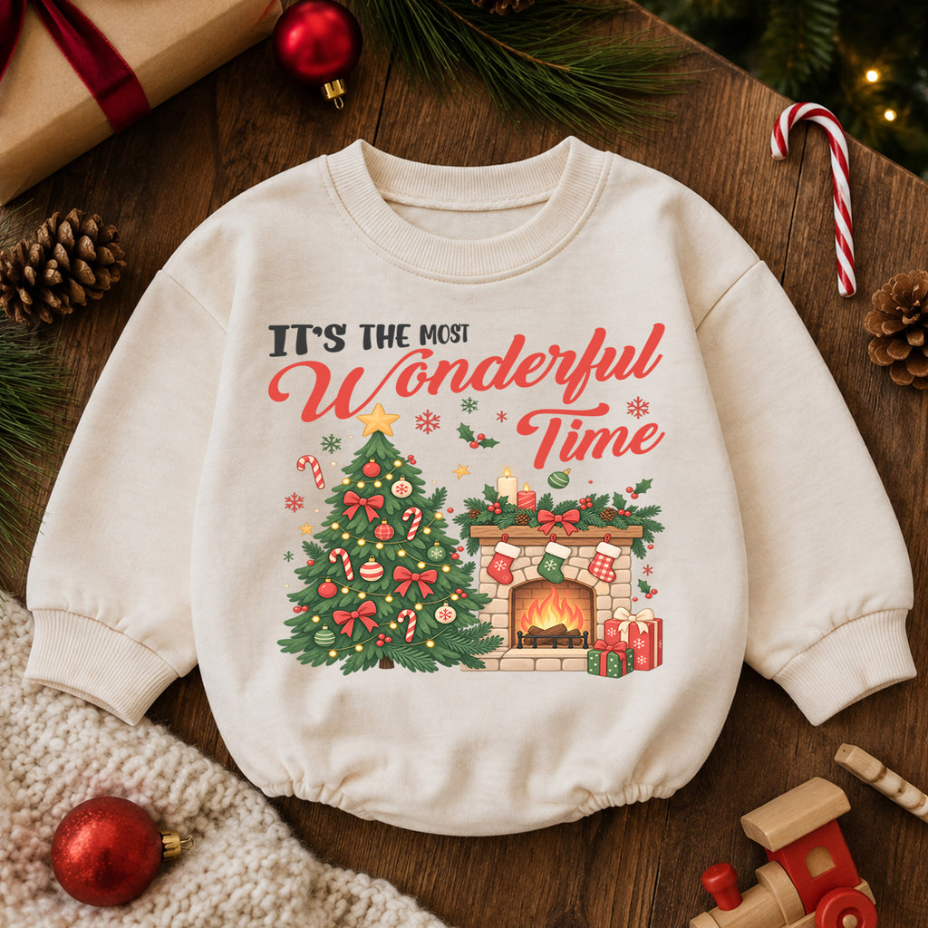 Most Wonderful Time Christmas Romper, Christmas Tree Fireplace Romper, Baby Holiday Outfit, Toddler Xmas Romper, Festive Gift — product view 6