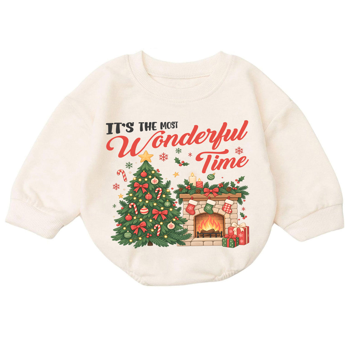 Most Wonderful Time Christmas Romper, Christmas Tree Fireplace Romper, Baby Holiday Outfit, Toddler Xmas Romper, Festive Gift — product view 7