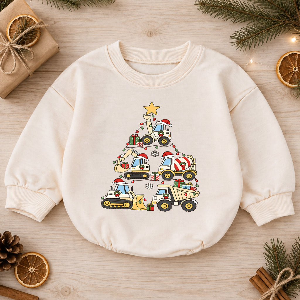 Truck Christmas Baby Romper, Baby First Christmas Outfit, Construction Vehicle Christmas Tree, Toddler Boy Xmas Outfit, Holiday Gift — product view 1