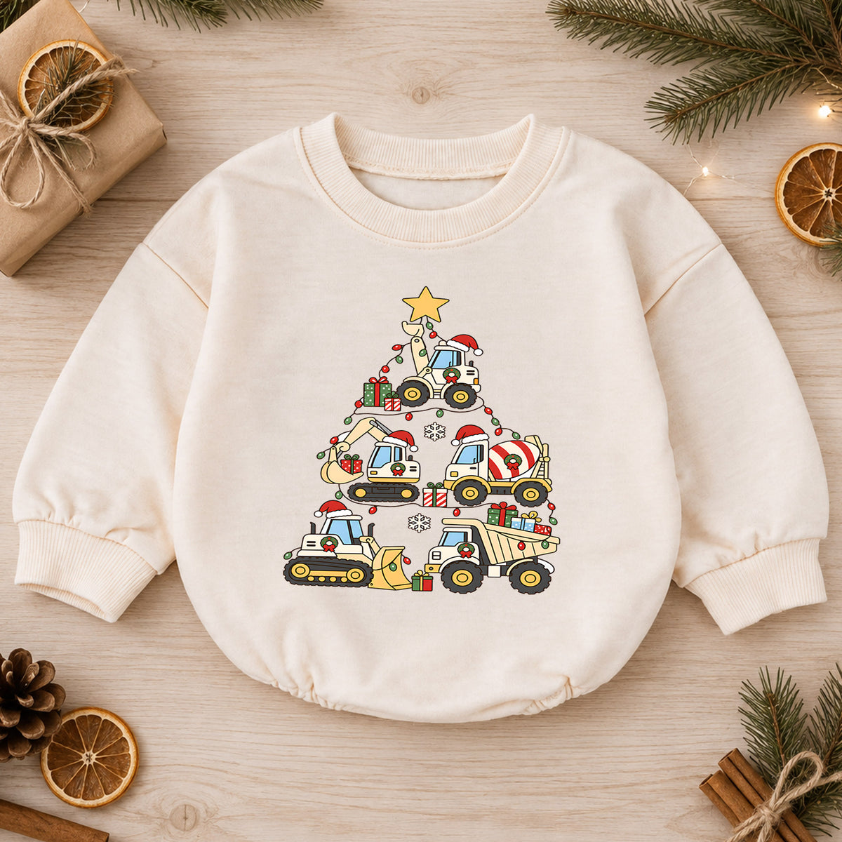 Truck Christmas Baby Romper, Baby First Christmas Outfit, Construction Vehicle Christmas Tree, Toddler Boy Xmas Outfit, Holiday Gift — product view 1