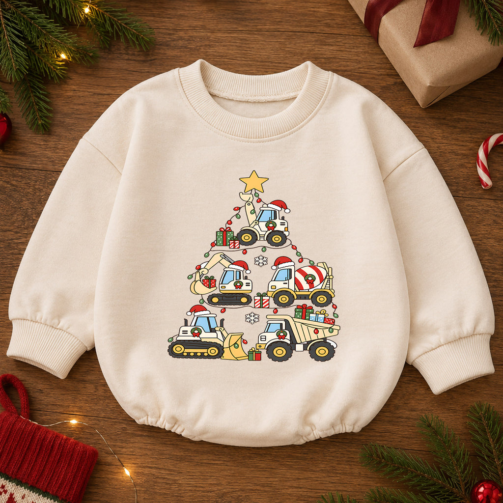 Truck Christmas Baby Romper, Baby First Christmas Outfit, Construction Vehicle Christmas Tree, Toddler Boy Xmas Outfit, Holiday Gift — product view 2