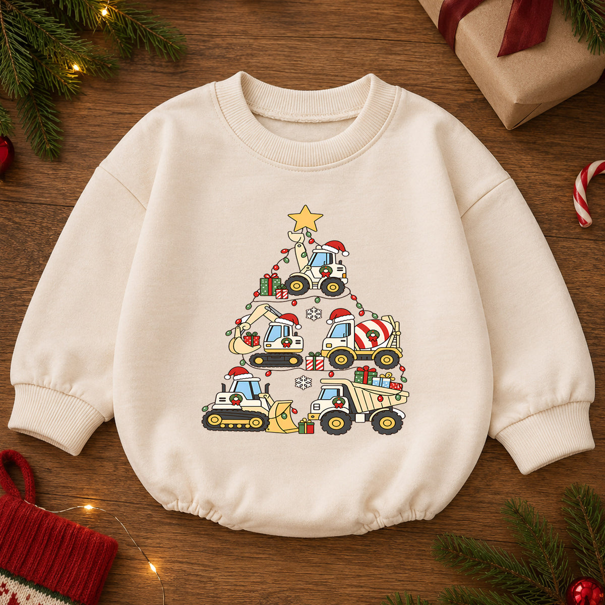 Truck Christmas Baby Romper, Baby First Christmas Outfit, Construction Vehicle Christmas Tree, Toddler Boy Xmas Outfit, Holiday Gift — product view 2