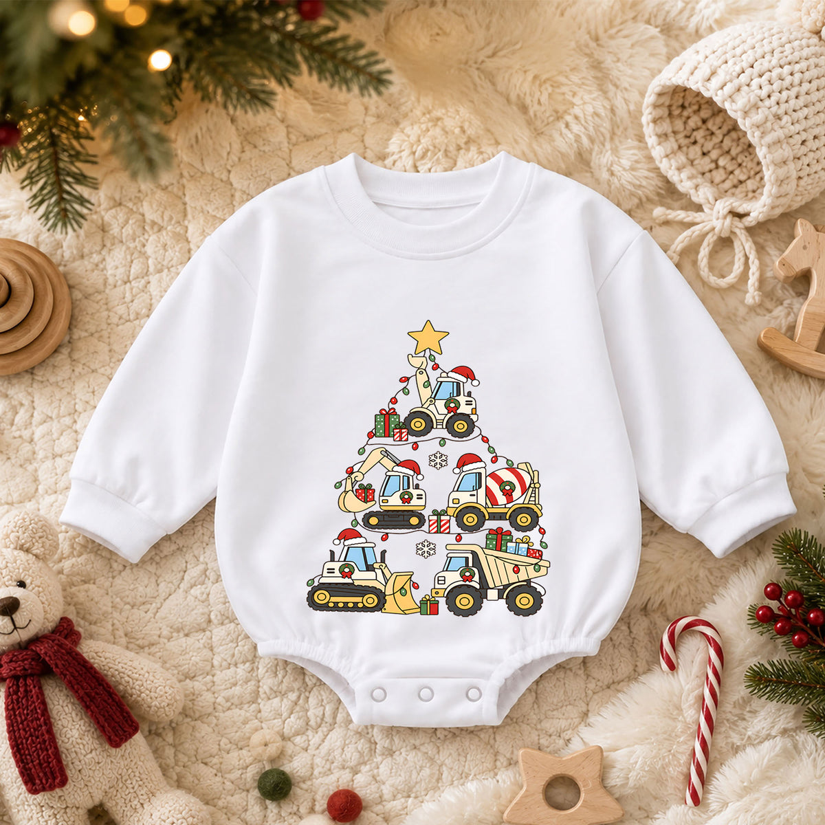 Truck Christmas Baby Romper, Baby First Christmas Outfit, Construction Vehicle Christmas Tree, Toddler Boy Xmas Outfit, Holiday Gift — product view 3