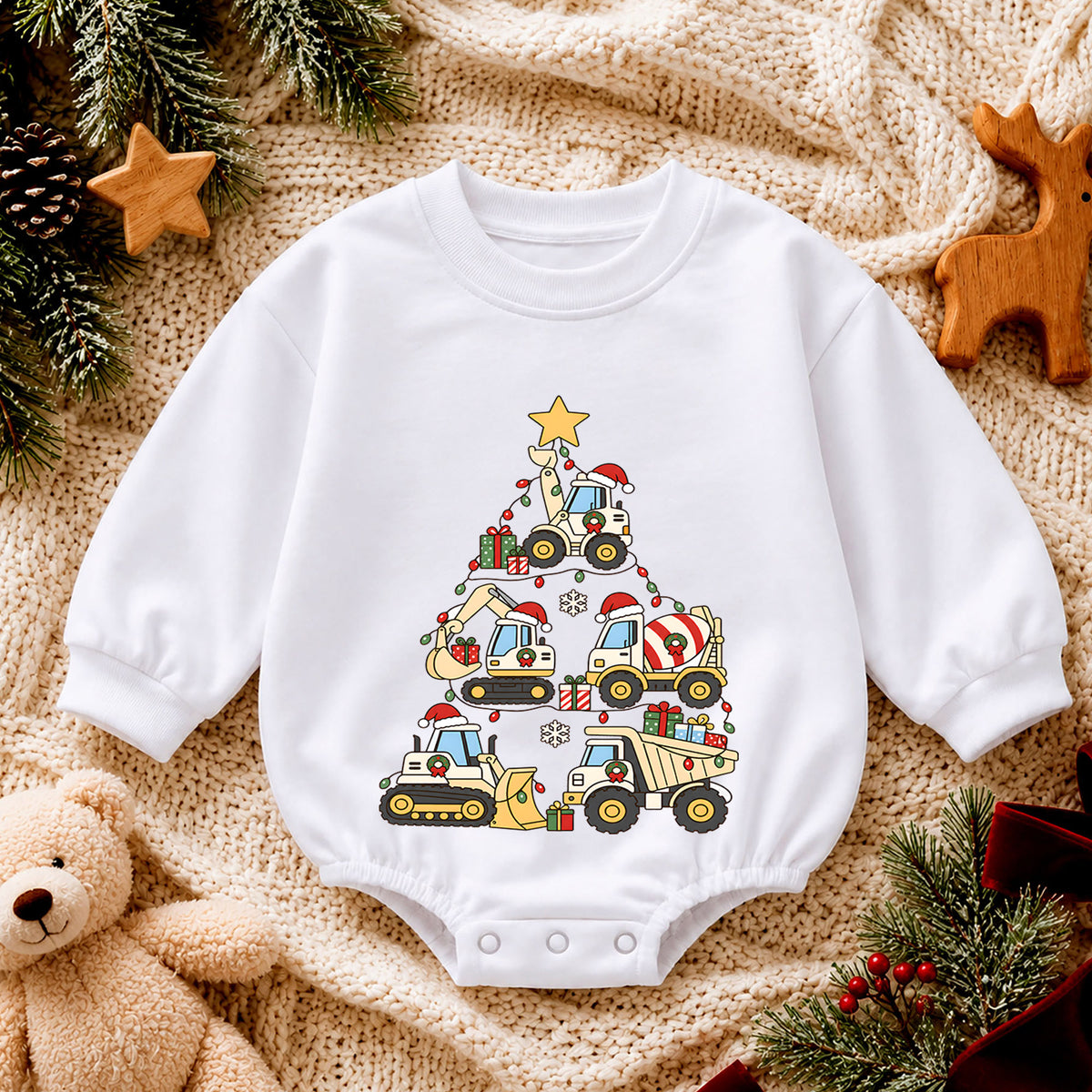Truck Christmas Baby Romper, Baby First Christmas Outfit, Construction Vehicle Christmas Tree, Toddler Boy Xmas Outfit, Holiday Gift — product view 4