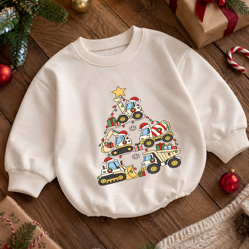 Truck Christmas Baby Romper, Baby First Christmas Outfit, Construction Vehicle Christmas Tree, Toddler Boy Xmas Outfit, Holiday Gift — product view 5