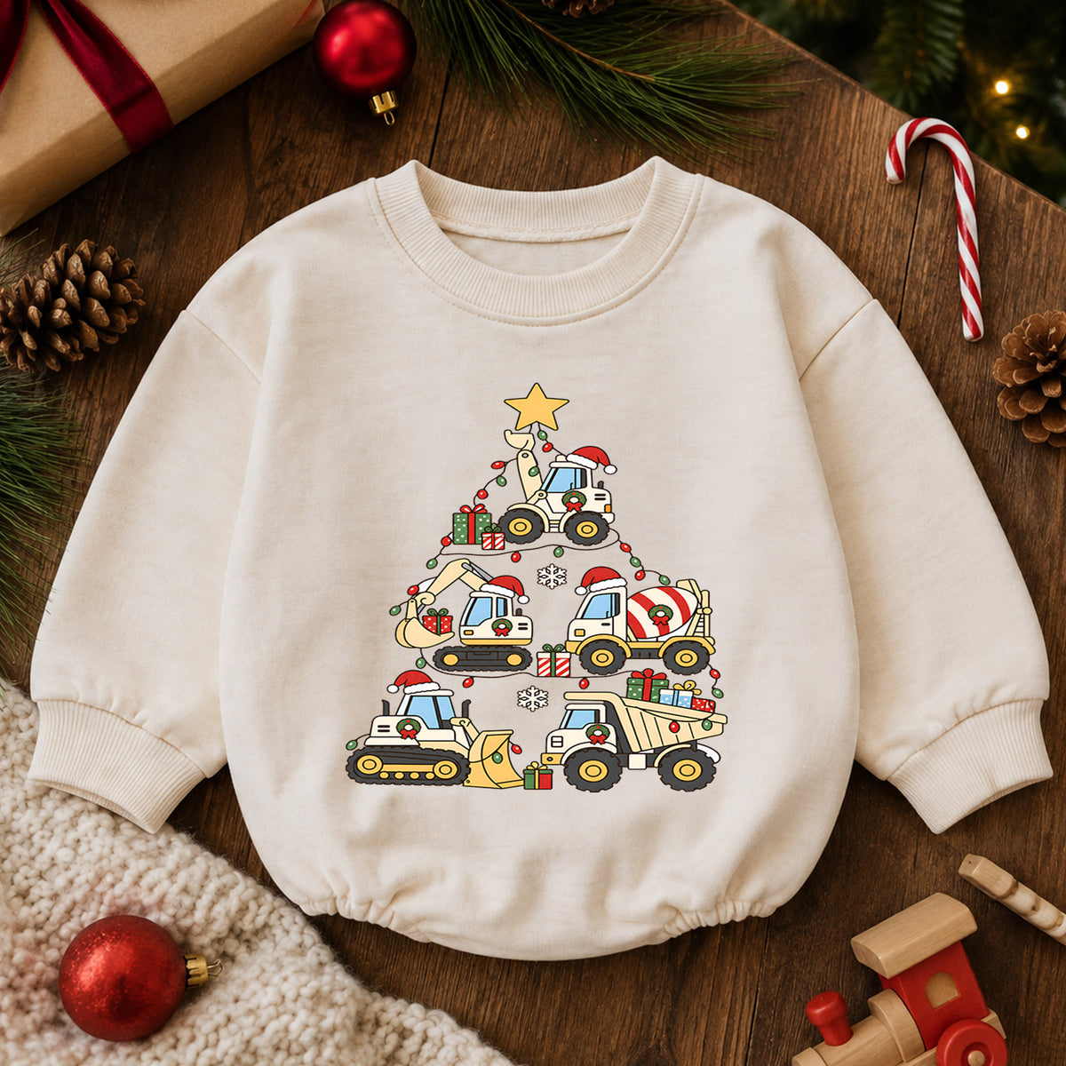 Truck Christmas Baby Romper, Baby First Christmas Outfit, Construction Vehicle Christmas Tree, Toddler Boy Xmas Outfit, Holiday Gift — product view 6
