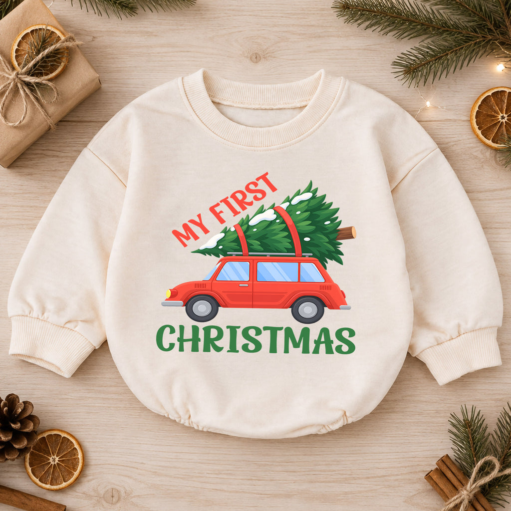 My First Christmas Car Romper, Red Car and Christmas Tree Baby Outfit, 1st Christmas Keepsake, 1st Birthday Holiday Gift — product view 1