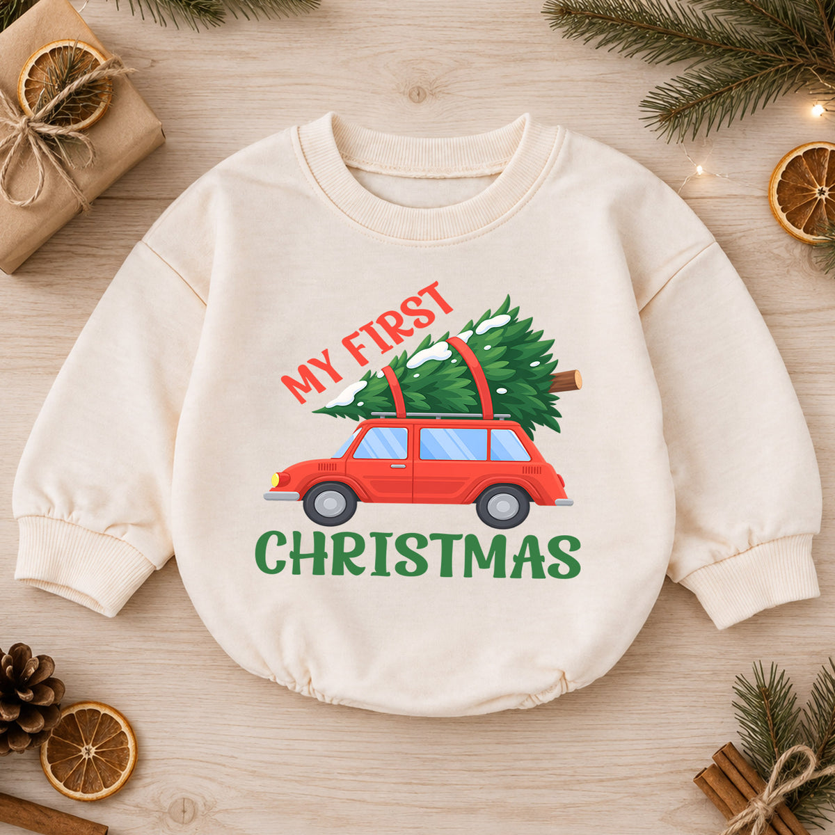 My First Christmas Car Romper, Red Car and Christmas Tree Baby Outfit, 1st Christmas Keepsake, 1st Birthday Holiday Gift — product view 1