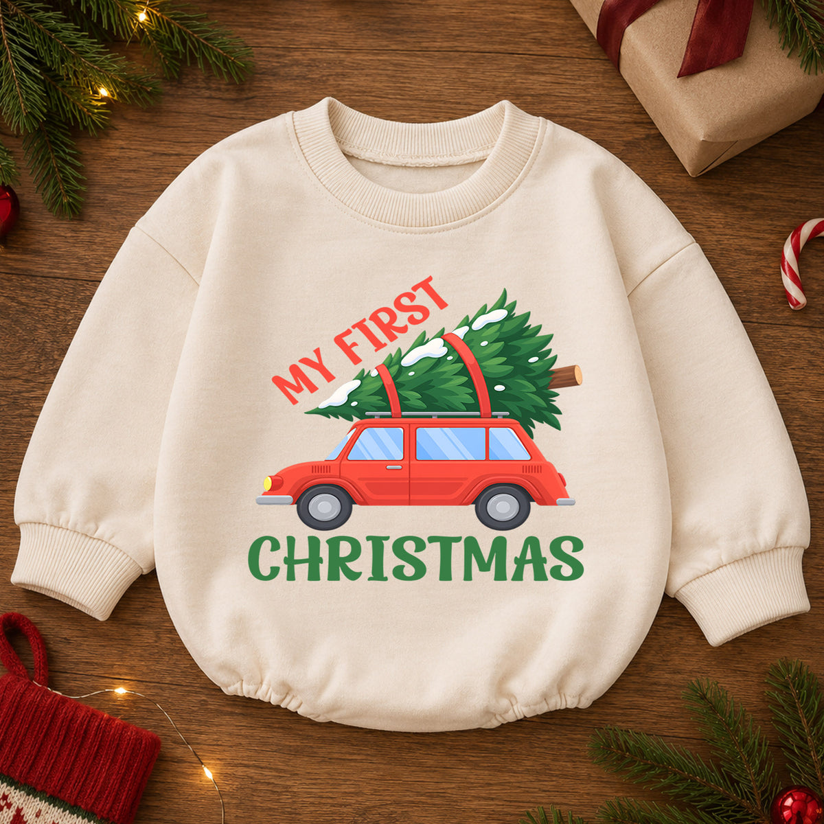 My First Christmas Car Romper, Red Car and Christmas Tree Baby Outfit, 1st Christmas Keepsake, 1st Birthday Holiday Gift — product view 2