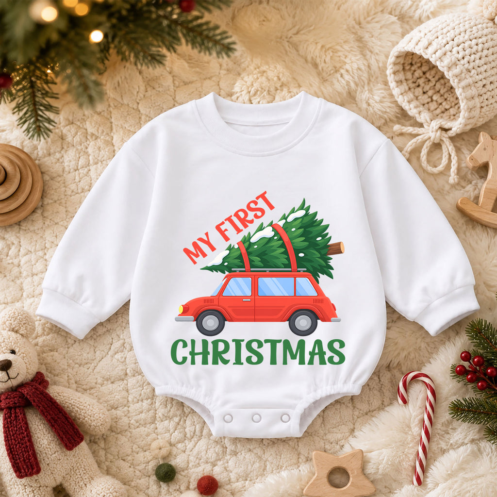 My First Christmas Car Romper, Red Car and Christmas Tree Baby Outfit, 1st Christmas Keepsake, 1st Birthday Holiday Gift — product view 3