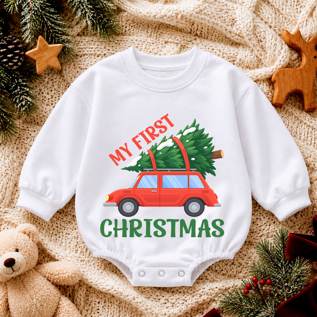 My First Christmas Car Romper, Red Car and Christmas Tree Baby Outfit, 1st Christmas Keepsake, 1st Birthday Holiday Gift — product view 4