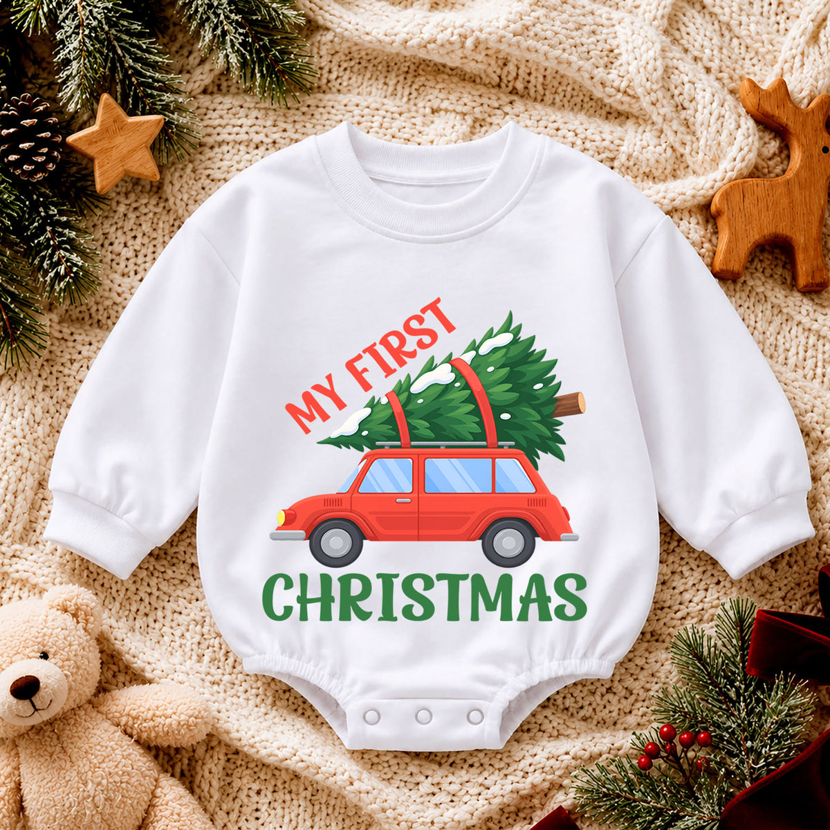 My First Christmas Car Romper, Red Car and Christmas Tree Baby Outfit, 1st Christmas Keepsake, 1st Birthday Holiday Gift — product view 4