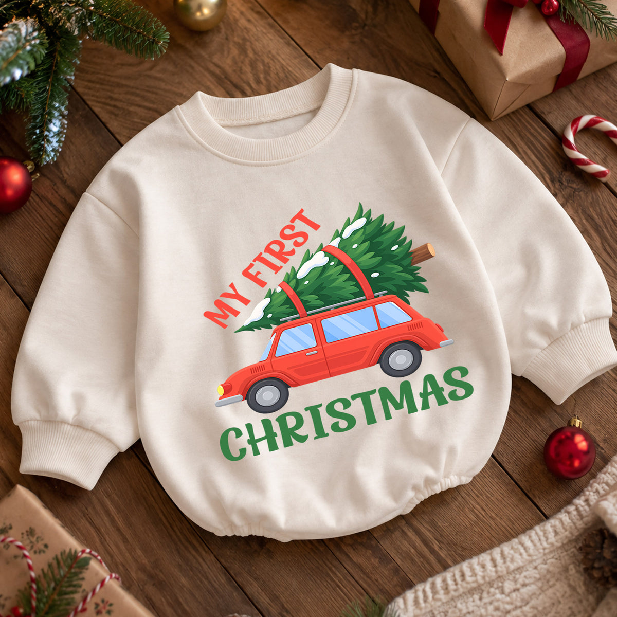My First Christmas Car Romper, Red Car and Christmas Tree Baby Outfit, 1st Christmas Keepsake, 1st Birthday Holiday Gift — product view 5