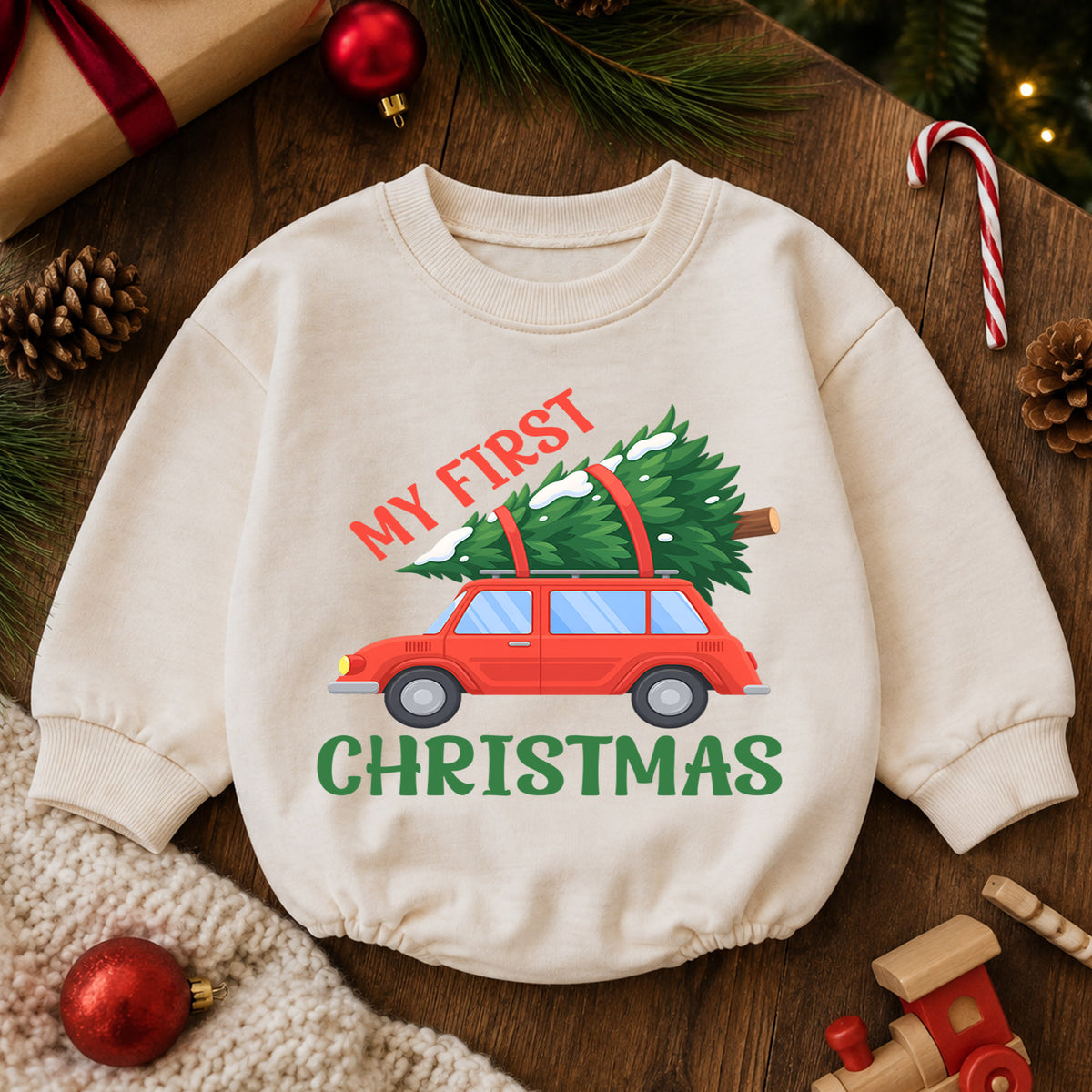 My First Christmas Car Romper, Red Car and Christmas Tree Baby Outfit, 1st Christmas Keepsake, 1st Birthday Holiday Gift — product view 6