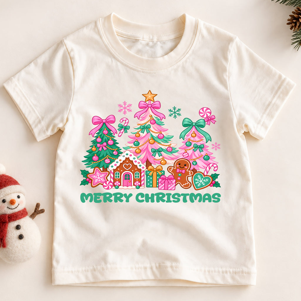 Merry Christmas Kids Shirt, Pink Bow Christmas Tree Tee, Gingerbread House Holiday Top, Cute Festive Christmas Outfit and Xmas Gift — product view 2