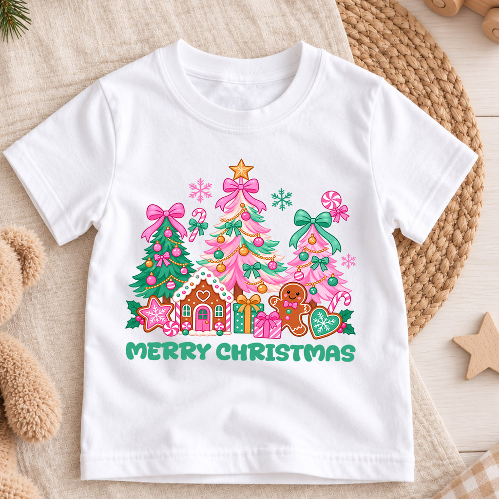Merry Christmas Kids Shirt, Pink Bow Christmas Tree Tee, Gingerbread House Holiday Top, Cute Festive Christmas Outfit and Xmas Gift — product view 3