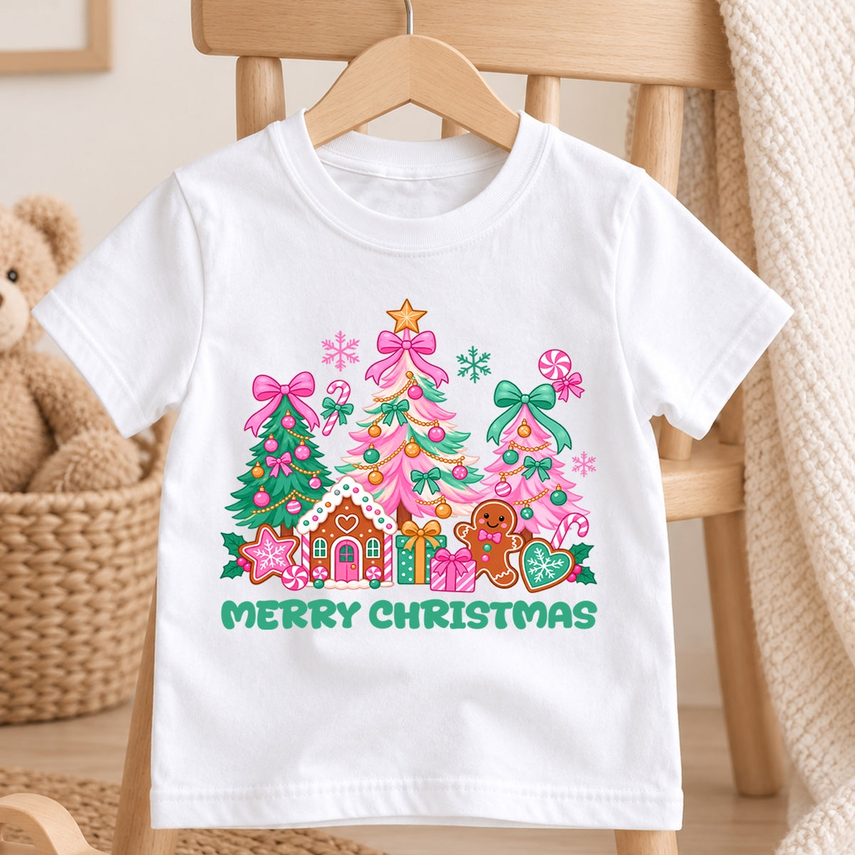 Merry Christmas Kids Shirt, Pink Bow Christmas Tree Tee, Gingerbread House Holiday Top, Cute Festive Christmas Outfit and Xmas Gift — product view 4