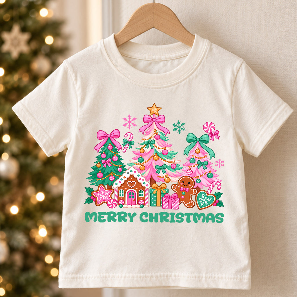 Merry Christmas Kids Shirt, Pink Bow Christmas Tree Tee, Gingerbread House Holiday Top, Cute Festive Christmas Outfit and Xmas Gift — product view 5