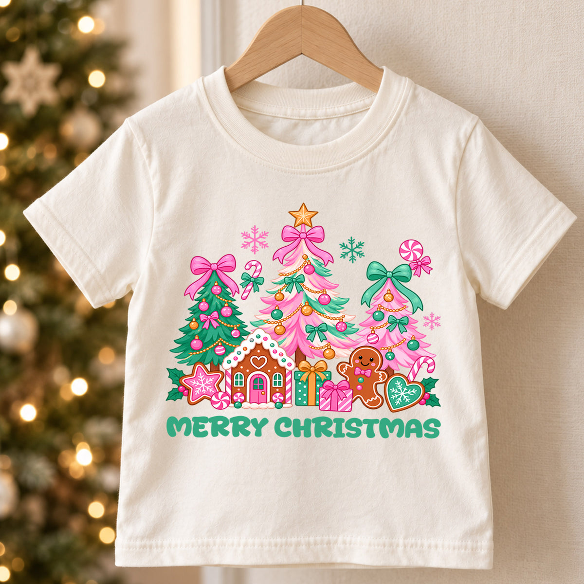 Merry Christmas Kids Shirt, Pink Bow Christmas Tree Tee, Gingerbread House Holiday Top, Cute Festive Christmas Outfit and Xmas Gift — product view 5