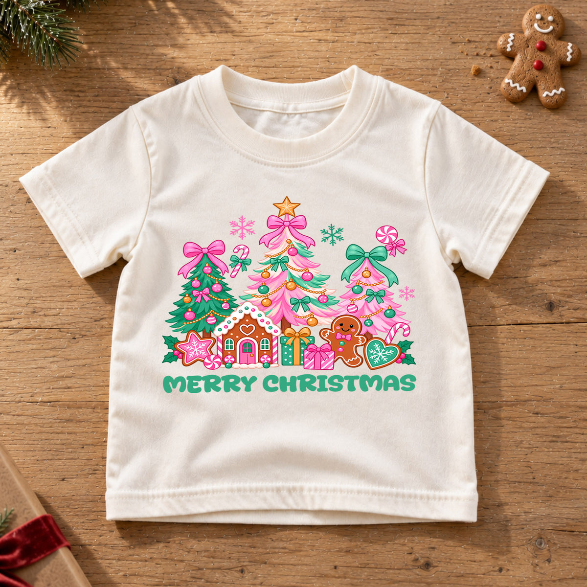 Merry Christmas Kids Shirt, Pink Bow Christmas Tree Tee, Gingerbread House Holiday Top, Cute Festive Christmas Outfit and Xmas Gift — product view 6