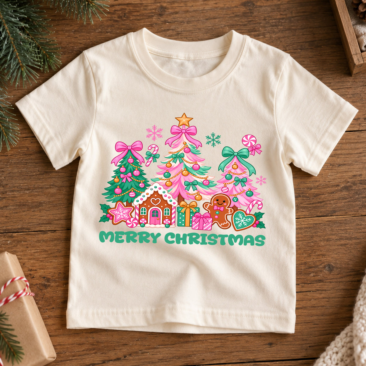 Merry Christmas Kids Shirt, Pink Bow Christmas Tree Tee, Gingerbread House Holiday Top, Cute Festive Christmas Outfit and Xmas Gift — product view 7
